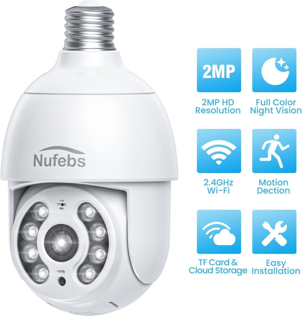 Amazon.com : NUFEBS 1080P/2MP Light Bulb Security Camera 2.4G WiFi Security Cameras Wireless Outdoor Indoor for Home Security, 355° Monitoring, Auto Tracking, 24/7 Recording, Color Night Vision : Electronics