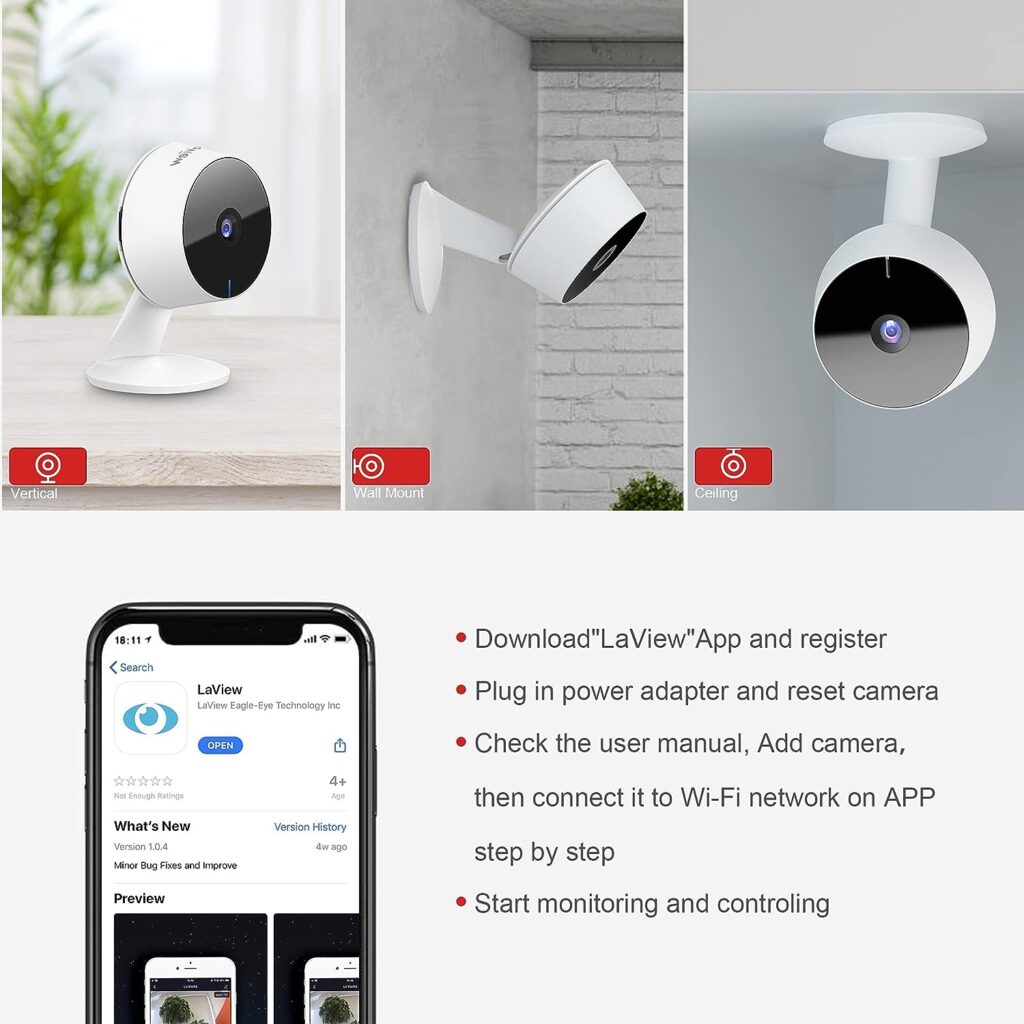 LaView Security Cameras 4pcs, Home Security Camera Indoor 1080P, Wi-Fi Cameras Wired for Pet, Motion Detection, Two-Way Audio, Night Vision, Phone App, Works with Alexa, iOS  Android  Web Access
