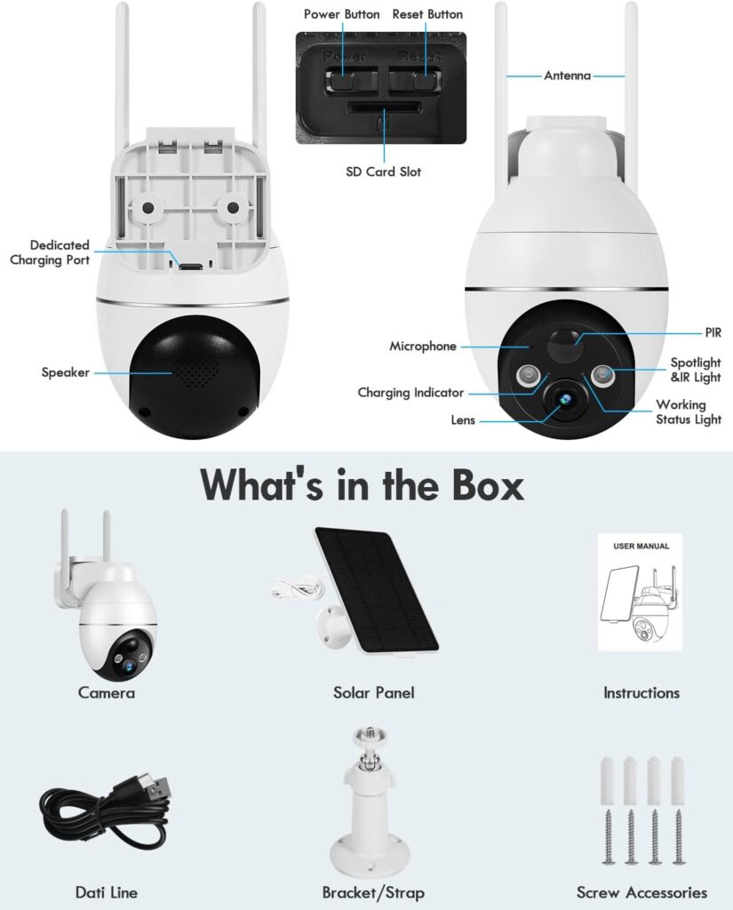 Recacam Solar Security Cameras Wireless Outdoor, 2K 355° PTZ Outdoor Camera Wireless, 2.4G Wi-Fi Cameras for Home Security with PIR, 2-Way Talk, IP65, 4dbi, Spotlight/Siren, Color Night Vision