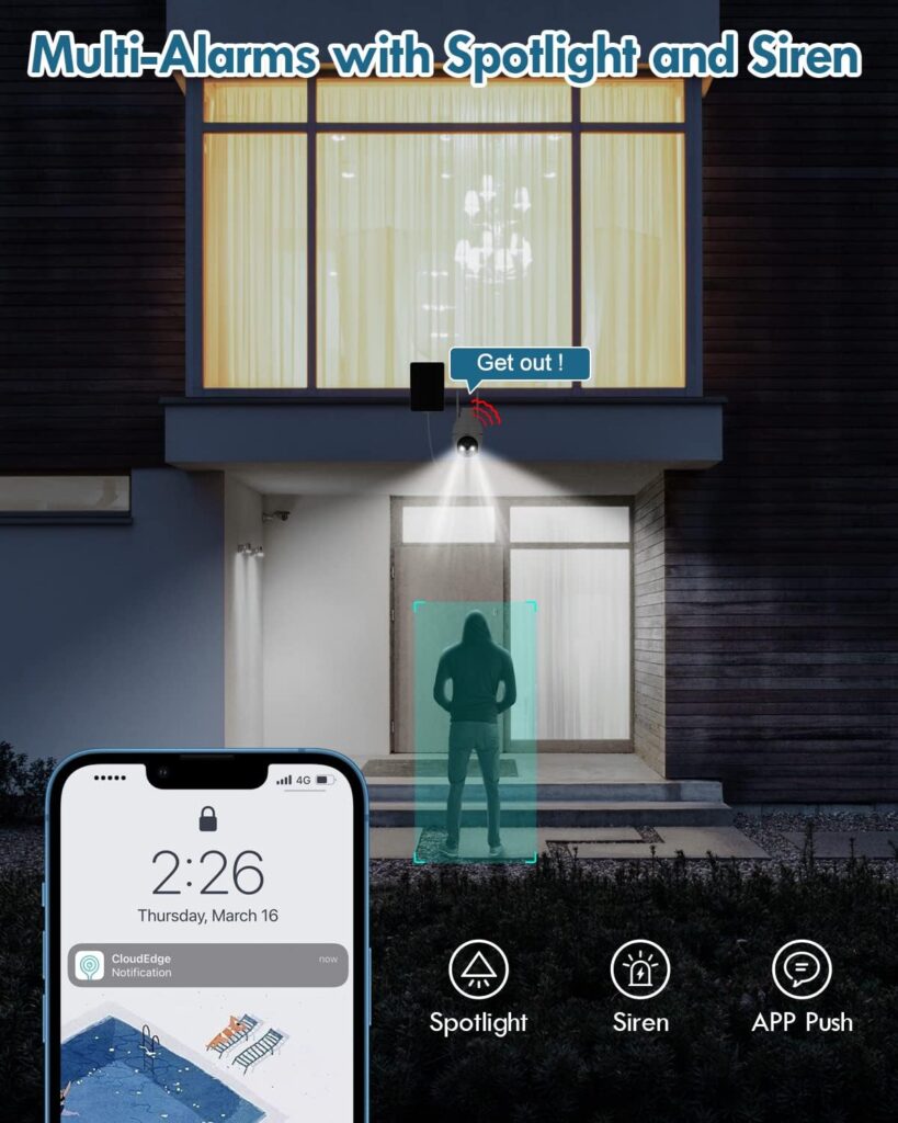 Recacam Solar Security Cameras Wireless Outdoor, 2K 355° PTZ Outdoor Camera Wireless, 2.4G Wi-Fi Cameras for Home Security with PIR, 2-Way Talk, IP65, 4dbi, Spotlight/Siren, Color Night Vision