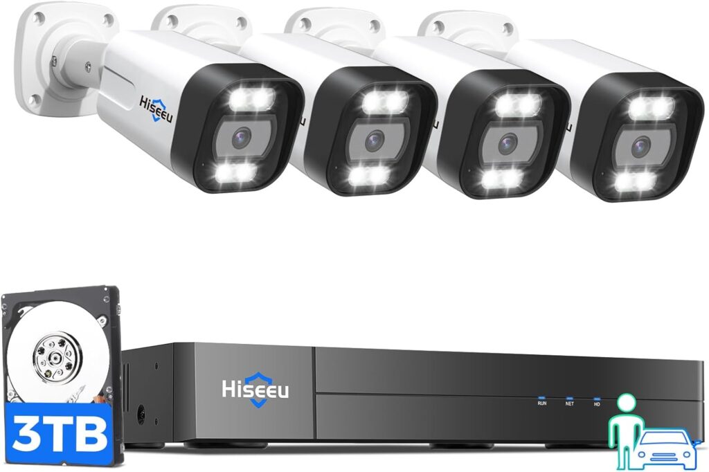 【2-Way Audio+3TB HDD】 Hiseeu 4K PoE Security Camera System,Vehicle/Human Detect, 8MP NVR w/4Pcs 5MP IP Security Camera Outdoor, IP 67Waterproof, Free Motion Alerts, 24/7 Home Surveillance NVR Kit