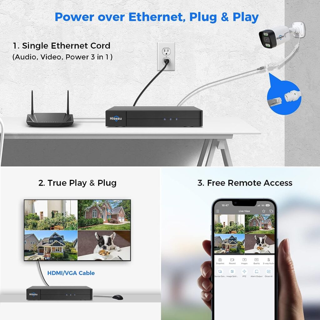 【2-Way Audio+3TB HDD】 Hiseeu 4K PoE Security Camera System,Vehicle/Human Detect, 8MP NVR w/4Pcs 5MP IP Security Camera Outdoor, IP 67Waterproof, Free Motion Alerts, 24/7 Home Surveillance NVR Kit