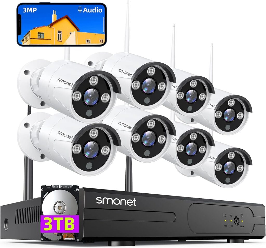 3MP Wireless Security Camera System with Audio 3TB Hard Drive,SMONET 8CH WiFi Home Surveillance DVR Kits,8Pcs 3MP Outdoor Indoor IP Cameras Night Vision,AI Human Detection,Free App